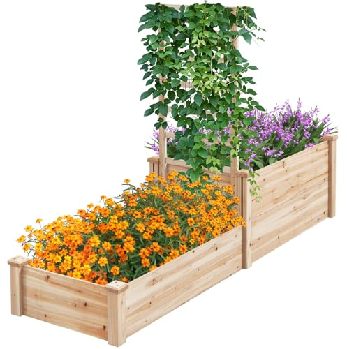 GOPLUS Jardinière Surélevé avec Treillis, 223x64x134CM, Carré Potager Surélevé en Bois avec 2 Compartiments, Base Ouverte, pour Fleurs, Légumes, Bac à Fleurs pour Jardin, Cour, Patio, Exterieur