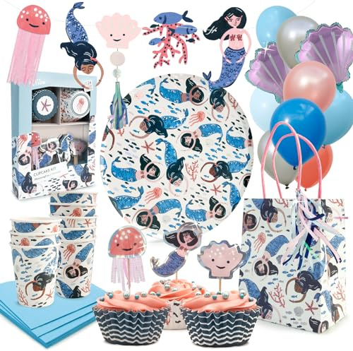 PARTY PARTY 107 Teile glitzerndes Meerjungfrau PARTYGESCHIRR + GESCHENKTÜTEN + CUPCAKE TOPPER + GIRLANDE + BALLONS, 8 Gäste Meerjungfrau Geburtstag Deko Mädchen