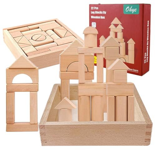 qimeyu Bausteine Holz,Holzspielzeug,Bastelklötzchen Holz,Holzbausteine Set zum Lernspielzeug,22 Stück Bausteine zum Stapeln für Kinder 3 4 5 6 Jahren