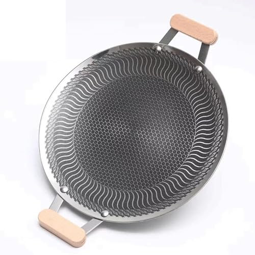 ZGFOZJGC Padella per Barbecue, Padella Rotonda Antiaderente, Padella Portatile Rotonda in Acciaio Inossidabile Fuso con Manico per Grigliate Interne o Esterne,38cm