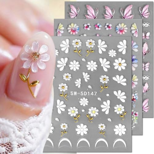 3Blätter 5D Blume Nagelsticker Selbstklebend,Geprägte Relief Schmetterlinge Nail Sticker Frühling Sommer Bunte Floral Blütenblätter Schmetterling Nagelaufkleber Flower Butterfly Nagel Sticker Nail Art