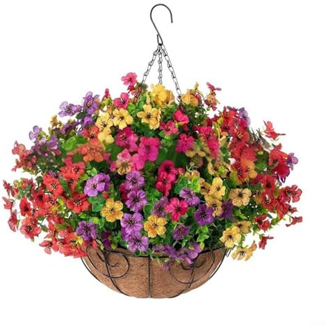 QOXEZY Artificial Hanging Basket Flower,OutDoor Artificial Hanging Plants Flowers with Basket for Garden Porch Patio Home Decor, Multicolor(C)