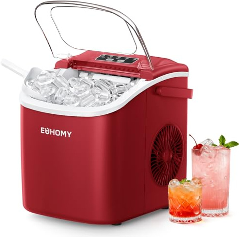EUHOMY Isbitsmaskin, liten isbitsmaskin, 9 isbitar på 6 minuter, självrengörande isbitsmaskin, med bärhandtag och iskorg, 12 kg, lämplig för kök, hem, camping, husbil, röd