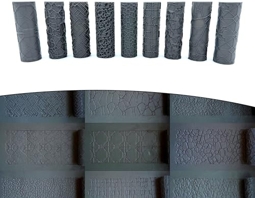 Asemly Terrain Texture Handroller für D&D, DND, Wargaming, Kampfmatte, Tischplatte, Dungeons and Dragons, Kopfsteinpflaster, Totenköpfe, Fischgrätenziegel, Holz, Stein, 9 Rollen, 13. Auflage