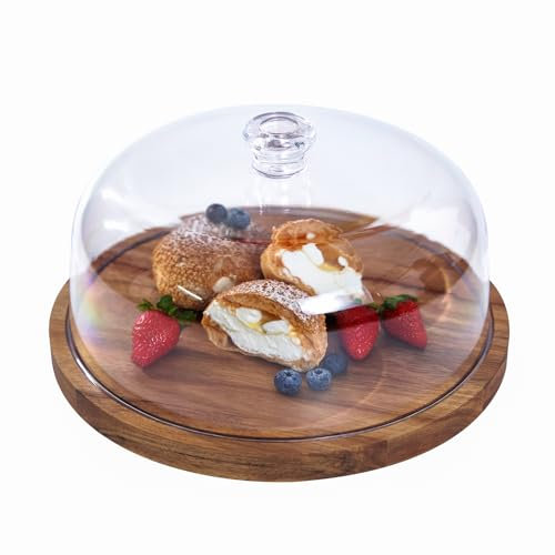 LingTing Bandeja para tartas con tapa, soporte para tartas, placa para tartas con tapa, campana para tartas, madera de acacia de 30 cm, soporte redondo para tartas, tabla de charcutería para queso