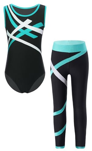 TTAO Gymnastikanzug Kinder Mädchen Ärmellos Turnanzug Tanz Gymnastik Training Dancewear Gymnastikbody mit Sport Leggings Trikotanzug Blau Grün 122-128