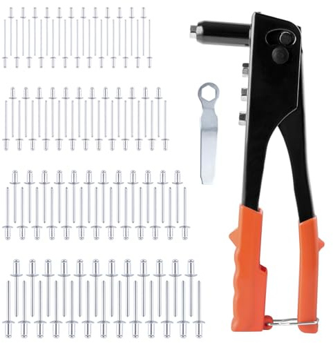 GOLD DEER 4-in-1 Heavy Duty Hand Riveter Rivet Gun Pop Rivet Tool Kit with 100 Rivets 3/32-inch, 1/8-inch, 5/32-inch, 3/16-inch,4 Interchangeable Nosepieces for Metal,Plastic,Wood and Leather