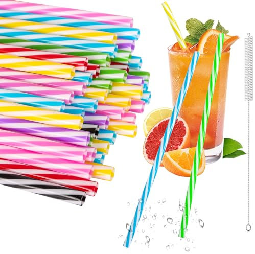 Reusable Plastic Straws 25pcs, Candy-Striped Drinking Straws with Cleaning Brush, Drinking Straws for Smoothies, Juice, Cocktail, Hot Drink (25Pcs)