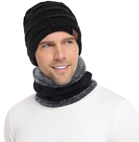 Bequemer Laden Winter Beanie Mütze Herren Loop Schal Warm Set Gefütterte | 2 Stück Thermo Wintermütze Herren Schlauchschal Set Doppellagige Strickmütze Rundschal Winterschal Männer Geschenke