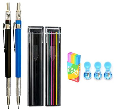MROOFUL Druckbleistift, 2,0 mm, eingebauter Spitzer, automatischer Bleistift mit austauschbarem Kern, Regenbogen-Gummi für Schreib- und Bastelbedarf, Bürobedarf, feine Schreibgeräte, 8 Stück