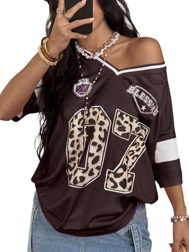 SOLY HUX Women's Y2k Leopard Number Graphic Oversized Tops Football Jersey Shirts Streetwear Brown Graphic Small