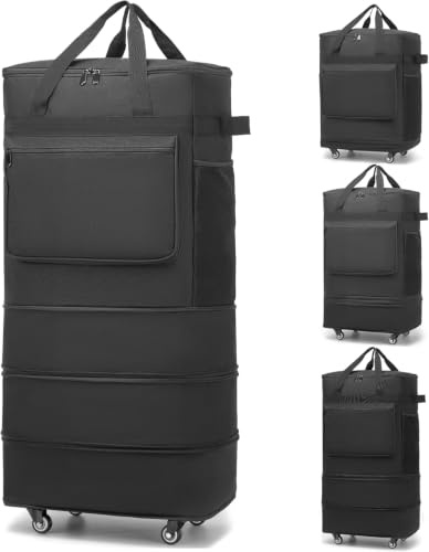 Faltbare Reisetasche Mit Rollen groß, Erweiterbar, Wasserdicht, Zusammenklappbar, Handgepäck Tasche, Reisetasche Mit Rollen und Griff, Schwarz