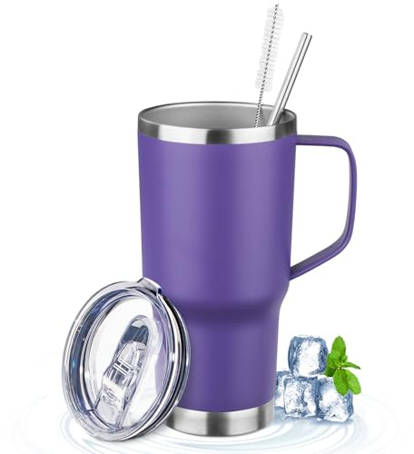 FristChoice 20oz Insulated Tumbler with Handle Stainless Steel Travel Coffee Mug with Lid and Straw Double Wall Vacuum Leak-proof Reusable Thermal Water Cup for Hot and Cold Drinks (Purple,1 Pack)