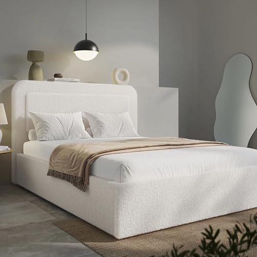 Blisswood Double Ottoman Bed, 4ft6 Double Bed With Gas Lift Opening Storage, Upholstered Ottoman Storage Bed Frame Towel Fabric For Bedroom Furniture (White)