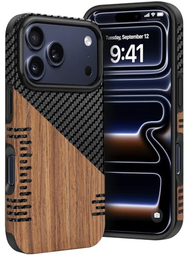 Dolstrap Robuste Coque iPhone Compatible avec Coque iPhone 17 Pro Max, (Bois Naturel & Fibre Texture de Carbone) Mince Case, Noir+Marron