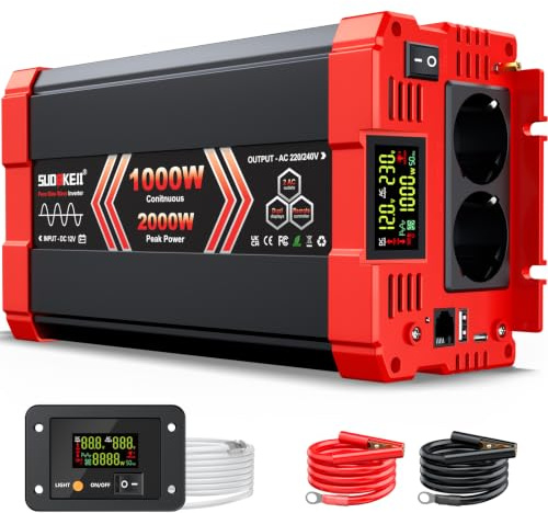SUDOKEIJI Inverter 1000W Onda Sinusoidale Pura 12V a 230V Convertitore di Tensione con Telecomando Schermo LED 2 Prese AC Porta USB 30W Type C per Camper Camion Solare Casa