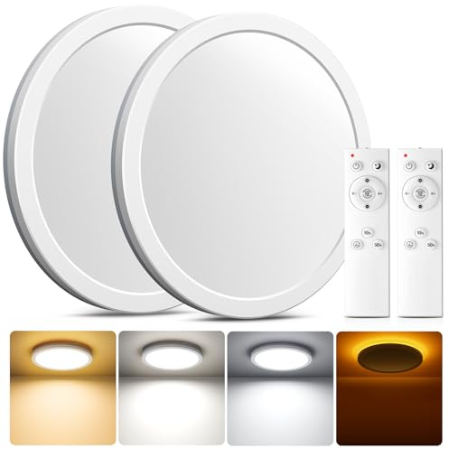 Matane -2 stk.- 22cm LED Deckenleuchte Dimmbar mit Fernbedienung&Nachtlicht | Weiß Rund Deckenlampe mit 5W 2000K Warm Lampen, 3000K-6500K Dimmbar Flach Panel für Schlafzimmer Kinderzimmer Badezimmer Flur