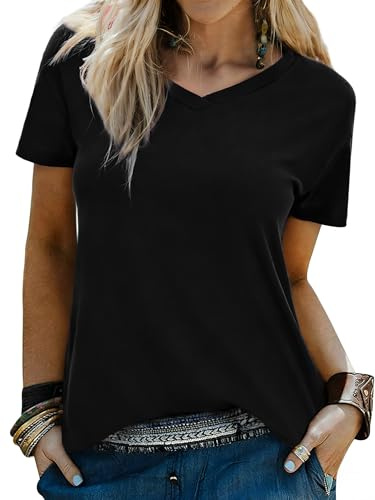 Wayleb Tee Shirt Femme Manches Courtes Col V Été Basique Couleur Unie
