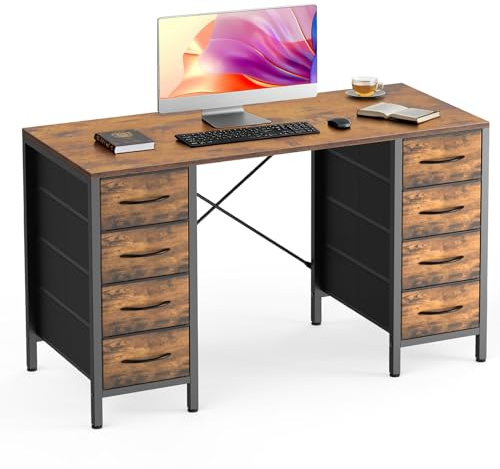 DUMOS 47 Inch Computer Desk with 8 Fabric Drawers, Office Gaming Desk with Storage, Writing Study Table with X-Shaped Reinforced Structure, Rustic Brown