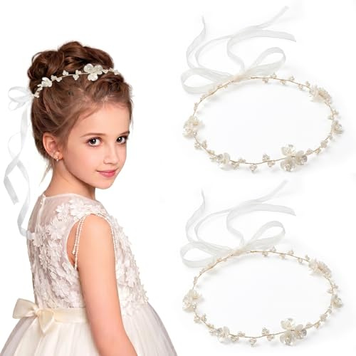 pangdapengpeng 2 Stück Haarschmuck Kommunion Mädchen | Blumenkranz Haare mit Perlen, Blumen Haarkranz Haarreifen für Erstkommunion, Hochzeiten, Geburtstage, Party