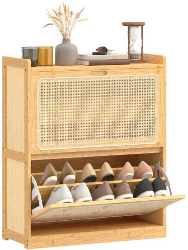 HOMCOM Zapatero Estrecho de Bambú con 2 Cajones 69x29x83 cm Natural | Abatibles de Ratán, Mueble Zapatero Bohemio, Estantes Ajustables, para 12-14 Pares de Zapatos, para Pasillos, Entradas