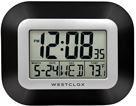 Westclox Large Digital Wall Clock Battery Operated with Temperature Date and Day of Week with Alarm | Modern Digital Desk Clock for Office Kitchen Bedroom or Living Room | Black