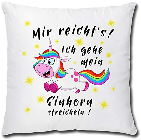 TRIOSK Einhorn Kissen lustig mit Spruch Mir reichts Dekokissen Geschenk für Einhornfans Frauen Mädchen Kinder Zierkissen Füllung 40x40 Rosa Bunt
