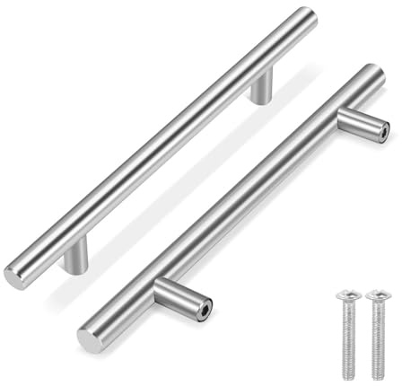 Flexzion 1 Pack 8 Inch Cabinet Door Handles - Stainless Steel Silver Cabinet Handles Brushed Nickel Finish Hardware, 5 Inch Hole Center, Pulls for Kitchen Cabinet, Cupboard, Drawer & Furniture