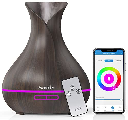 Maxcio Diffusor für ätherische Öle Alexa mit Fernbedienung Maxcio App Steuerung 400 ml Aroma-Diffusor kompatibel mit Alexa/Google Home 2 Modi Nebel WiFi mit Timerfunktion 7 Farben LED BPA-frei