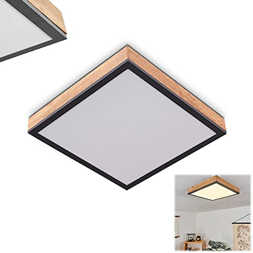HOFSTEIN LED Panel Salmi, modernes Deckenpanel aus Metall/MDF in Schwarz/Weiß/Holzoptik, 12 Watt, 1-flammig, 960 Lumen, 3000 Kelvin, eckige Deckenlampe in flachem Design, Wohnzimmer, Schlafzimmer