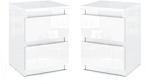 MRBLS_HOME MRBLS Nachttisch 2er Set Nachtschrank Nachtkommode Modern Möbel mit Schubladen Kommode Holz Schubladenschrank für Ihr Schlafzimmer (Weiß Glanz) – 30 x 43 x 32,5 cm (B/H/T)