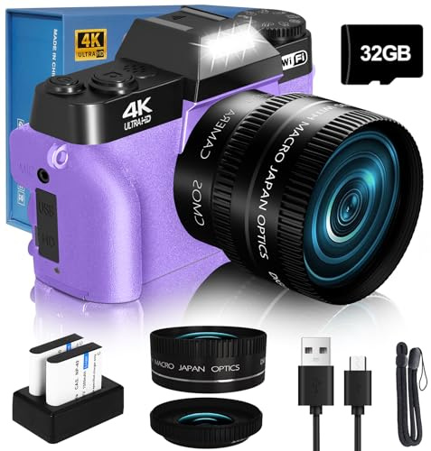 VJIANGER Fotocamera digitale 4K per fotografia 48MP WiFi Vlogging fotocamera con schermo flip a 180°, zoom digitale 16x, obiettivo grandangolare e macro da 52 mm, 2 batterie, scheda TF da 32 GB