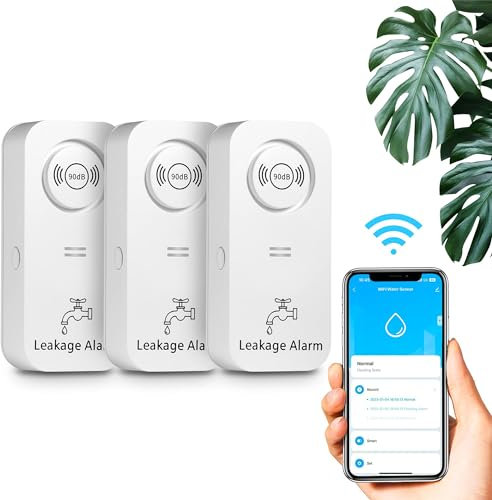 WiFi Wassermelder Wasseralarm(2,4 G WiFi), 90 dB Wassersensor Alarm und App Alarm, kabelloser Wasseralarm, für Rohre, Schlafzimmer, Küche, Badezimmer, Keller (3er-Pack)
