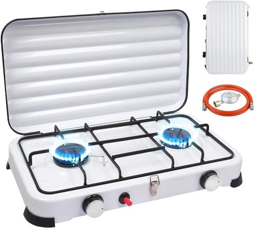 Campingkocher 2-flammig mit Deckel, 4.4KW Camping LPG-Gaskocher mit Auto-Zündtaste, Schlauch & 50mbar Gasdruckregler, Camp Gaskochfeld Tragbarer mit Aufbewahrungstasche für Outdoor