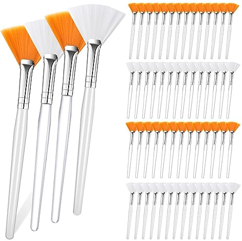Elesunory 60 Pieces Fan Brushes, Soft Fan Brushes for Facials, Facial Applicator Brush for Women Girls, Facial Brushes Esthetician for Mud Clay Mask, Makeup, Yellow, White