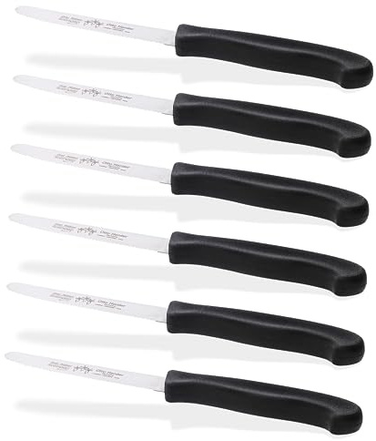 Otto Herder 6er Set Tafelmesser aus Solingen Frühstücksmesser mit Wellenschliff, 21,5 cm, Brötchenmesser aus rostfreiem Edelstahl, mit Schwarzem Griff aus Kunststoff