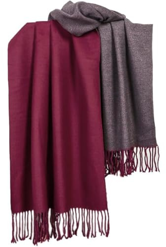 Whakano Schal Damen Warm Kuschelige Winter Doppelseite Schals mit Quasten/fransen,Schals Stola,übergroßer Quadratisch Deckenschal MEHRWEG,200x70cm,Weinrot,Dunkelgrau
