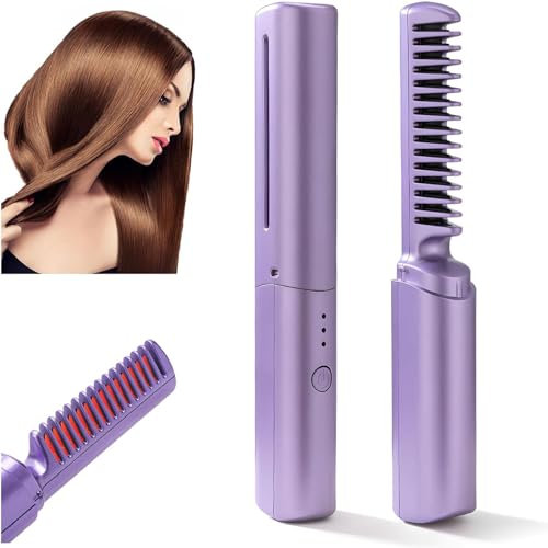 Rechargeable Mini Hair Straightener Brush, Portable Straightening Brush with Negative Ion, Hot Comb for Women, 2 in 1 Lightweight Travel Straightener (Purple)