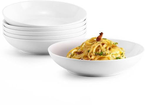 Jassceram 8.5inch Pasta Bowls Set of 6, 36 OZ Salad Plates,Ceramic Serving Bowls for Soup,Noodle,Deep Enough for Kitchen and Dining, Microwave,Oven and Dishwasher Safe,Off White