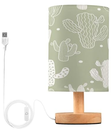 BOESI Lampe de Table Imprimé Cactus Vert Lampe de Chevet avec Base en Bois et Cordon Bouton USB pour Chambre Salon