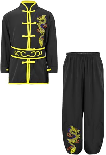 RUNQHUI - Traje de ropa infantil unisex para artes marciales (traje tradicional chino de uniforme Tai Chi Kung Fu Shaolin, 3-16 años), Negro , 5-6 Años