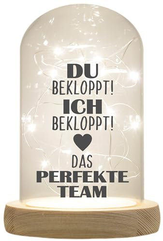 WB wohn trends LED-Glaskuppel, Ich Du bekloppt Das perfekte Team, 16,5x11cm, Glasglocke mit LED-Licht und Holz-Fuß LED-Laterne LED-Lampe mit Text Spruch