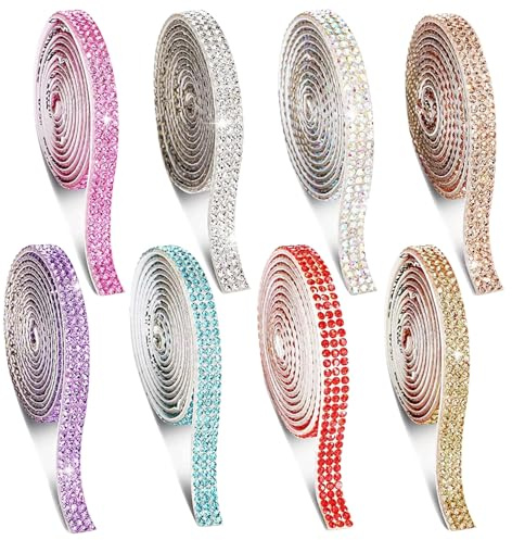 Sxutop 8 Rollen Strassband Selbstklebend Bunt Glitzer Klebeband Strass Selbstklebende Kristall Strass Diamant Band DIY Dekoration Aufkleber für Kunsthandwerk, Auto, Telefon (8 Farben, 1 Yard/Rollen)