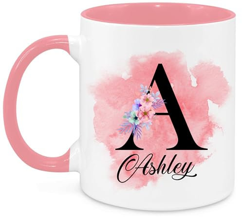 EKAM Personalised Mug, Coloured Inner and Handle Mug Stylish Initial with Name, Gift for Valentine’s, Birthday, Christmas Day for Mom, Dad, Kids, Friends or Girls, 11oz Coffee/Tea Cup (Light Pink)