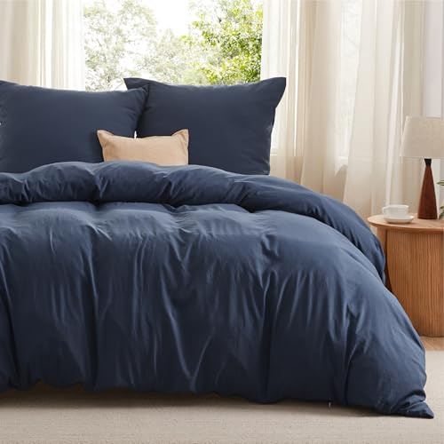 BEDSURE Bettwäsche 155x220 3teilig Baumwollähnlich - Marineblau, 2 Kissen | Bettwäsche-Sets Mikrofaser, 1 Bettbezug+2x80x80 Kissen, Oeko-TEX Bedding mit Reißverschluss, Extra Weich & Atmungsaktiv