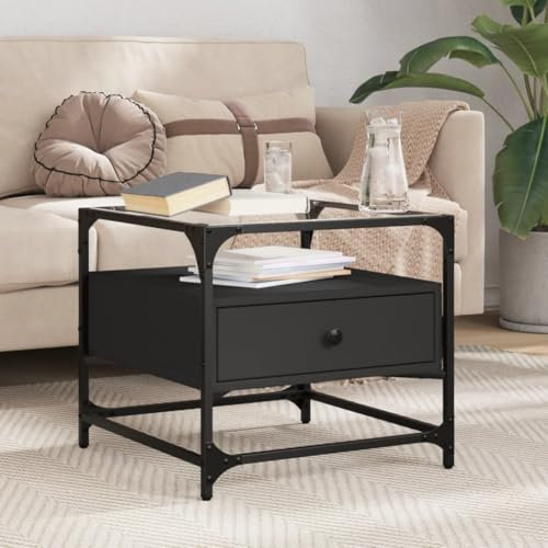 AUVYI Wohnzimmer Couchtisch mit Glasplatte 50x50x45 cm Schlafzimmermöbel Telefontisch Robust und Stabil Sofatisch Beistelltisch Kaffeetisch Tisch Holzwerkstoffe und Stahl und Glas Schwarz