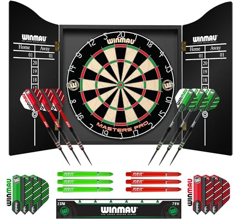 Winmau Masters Pro Dartboard- PDC Tournament Dart Board, Ultra-Thin Wire System, High-Density Sisal | Available as Board Set or Cabinet Set with Steel Tip Darts (Cabinet Set & Darts)