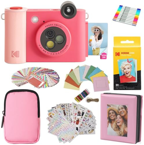 KODAK Smile+ - Paquete de Regalo de cámara instantánea Digital e Impresora fotográfica 2 en 1, Funda + Papel Zink + álbum + calcomanías + Marcos + marcadores, Color Fucsia