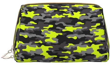 Bolsa de maquillaje de cuero, bolsa de maquillaje de camuflaje verde y gris, bolsa de aseo de viaje para mujeres, bolsa de maquillaje, organizador de bolsa de maquillaje de gran capacidad, bonita