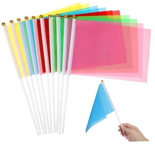 PHENOFICE 50stücke Mini Handflaggen Quadratform Aus Polyester Langlebig Leichte Handwaving Flaggen in Farben Rot Grün Gelb Blau Rosé Für Partydeko Und Feierlichkeiten